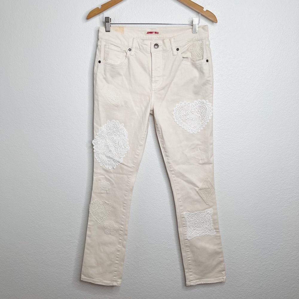 Johnny Was The Boyfriend Cream Crochet Lace Patch Relaxed Mid Rise Jeans